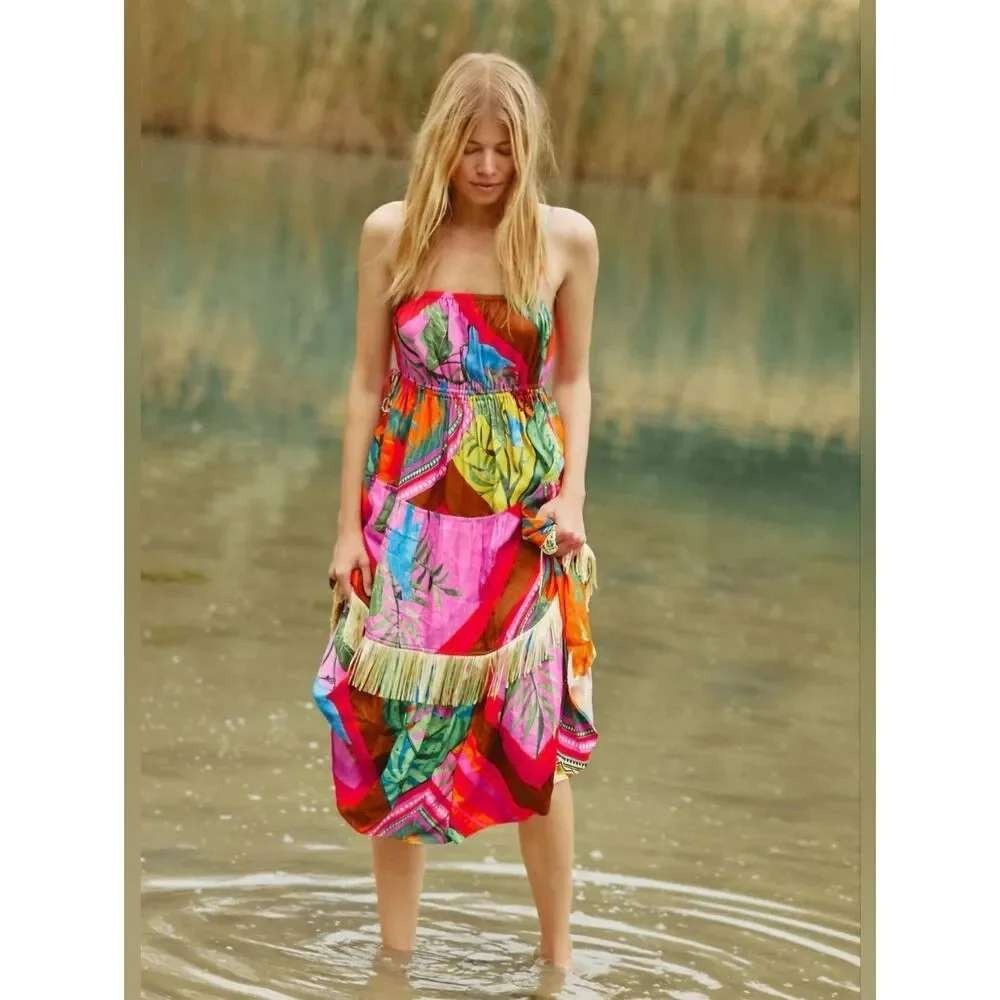 FARM Rio Anthropologie Palila Fringe Mixed Tropical Print Midi Dress NWT M